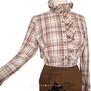 Vintage Lauren Ralph Lauren Button Top L Brown Plaid Ruffle Heritage Equestrian